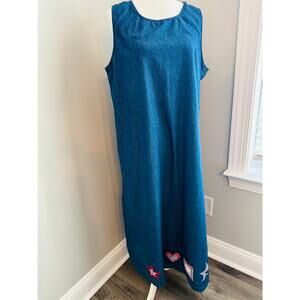 Koret City Blues Denim Jumper Dress Midi Embroidered Patch Stars Heart XL
